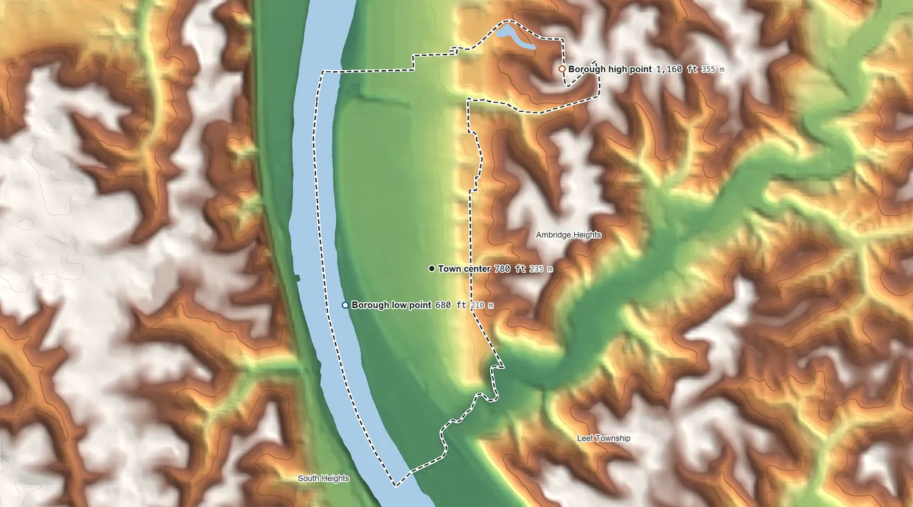Topographic elevation map of Ambridge, Pennsylvania, shaded from 680 ft on the southwest side to 1,160 ft on the northeast side