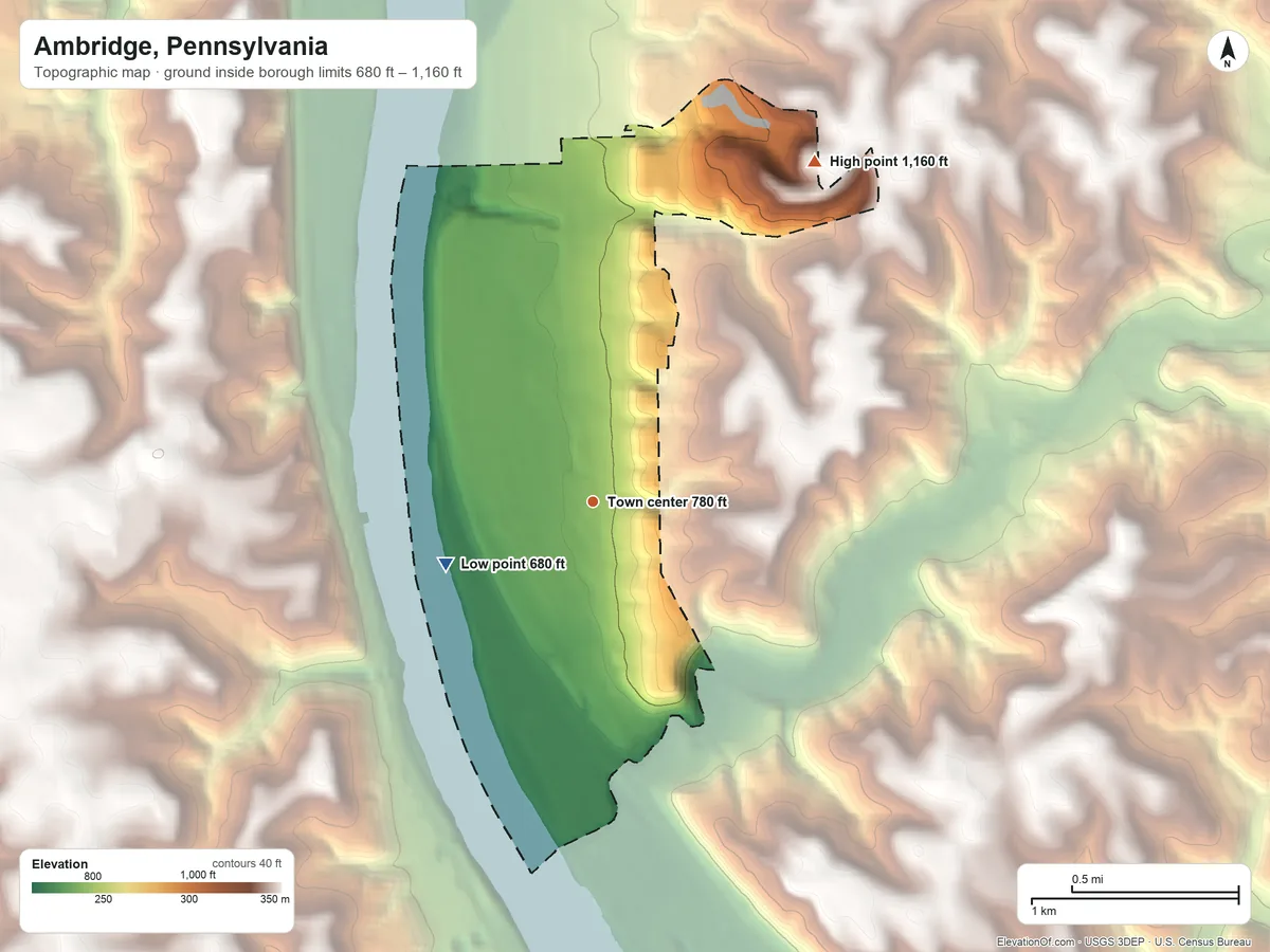 Topographic elevation map of Ambridge, Pennsylvania, shaded from 680 ft on the southwest side to 1,160 ft on the northeast side