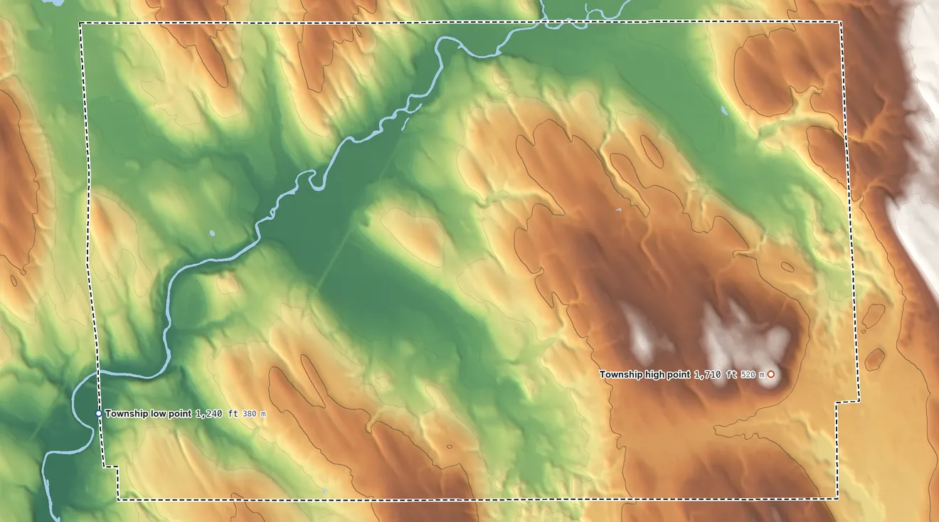 Topographic elevation map of Amity Township, Erie County, Pennsylvania, shaded from 1,240 ft on the west side to 1,710 ft on the east side