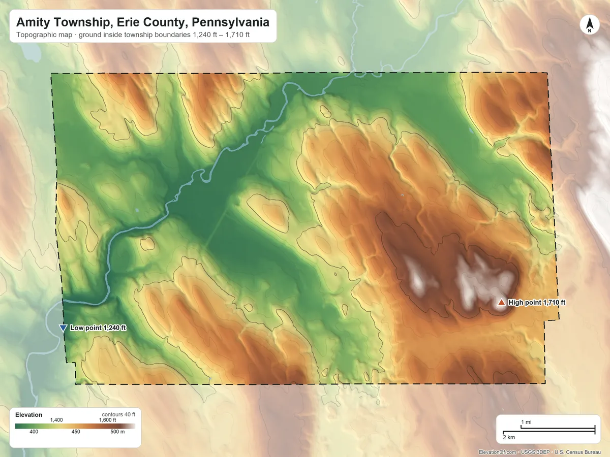 Topographic elevation map of Amity Township, Erie County, Pennsylvania, shaded from 1,240 ft on the west side to 1,710 ft on the east side