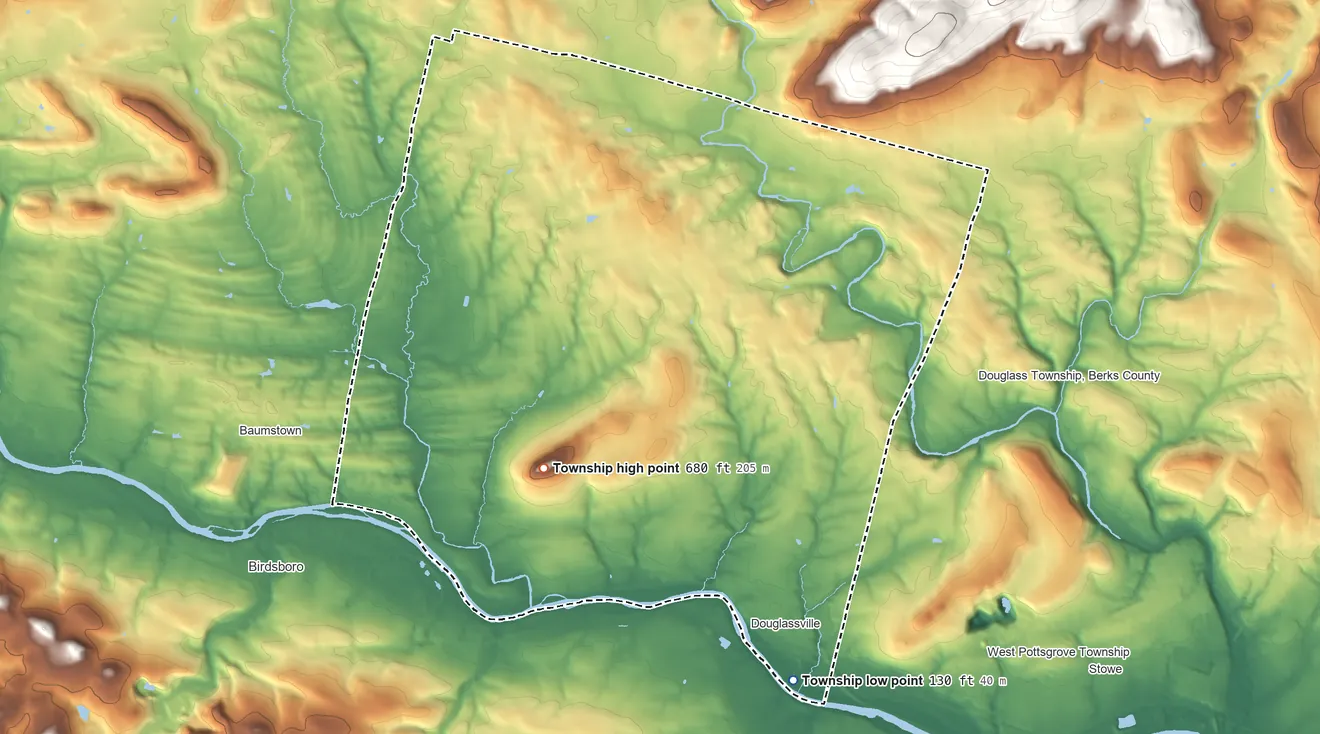 Topographic elevation map of Amity Township, Pennsylvania, shaded from 130 ft on the south side to 680 ft on Monocacy Hill