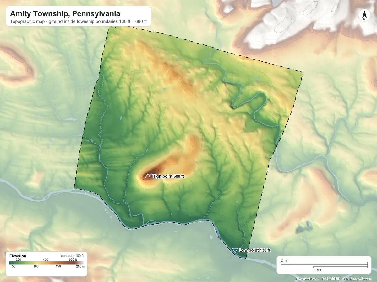 Topographic elevation map of Amity Township, Pennsylvania, shaded from 130 ft on the south side to 680 ft on Monocacy Hill
