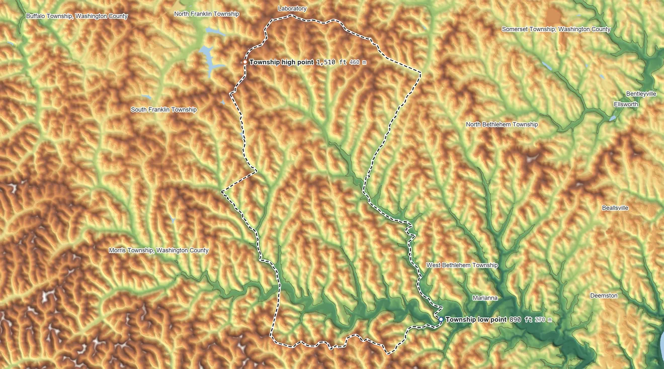 Topographic elevation map of Amwell Township, Pennsylvania, shaded from 890 ft on the southeast side to 1,510 ft on Mount Wheeler