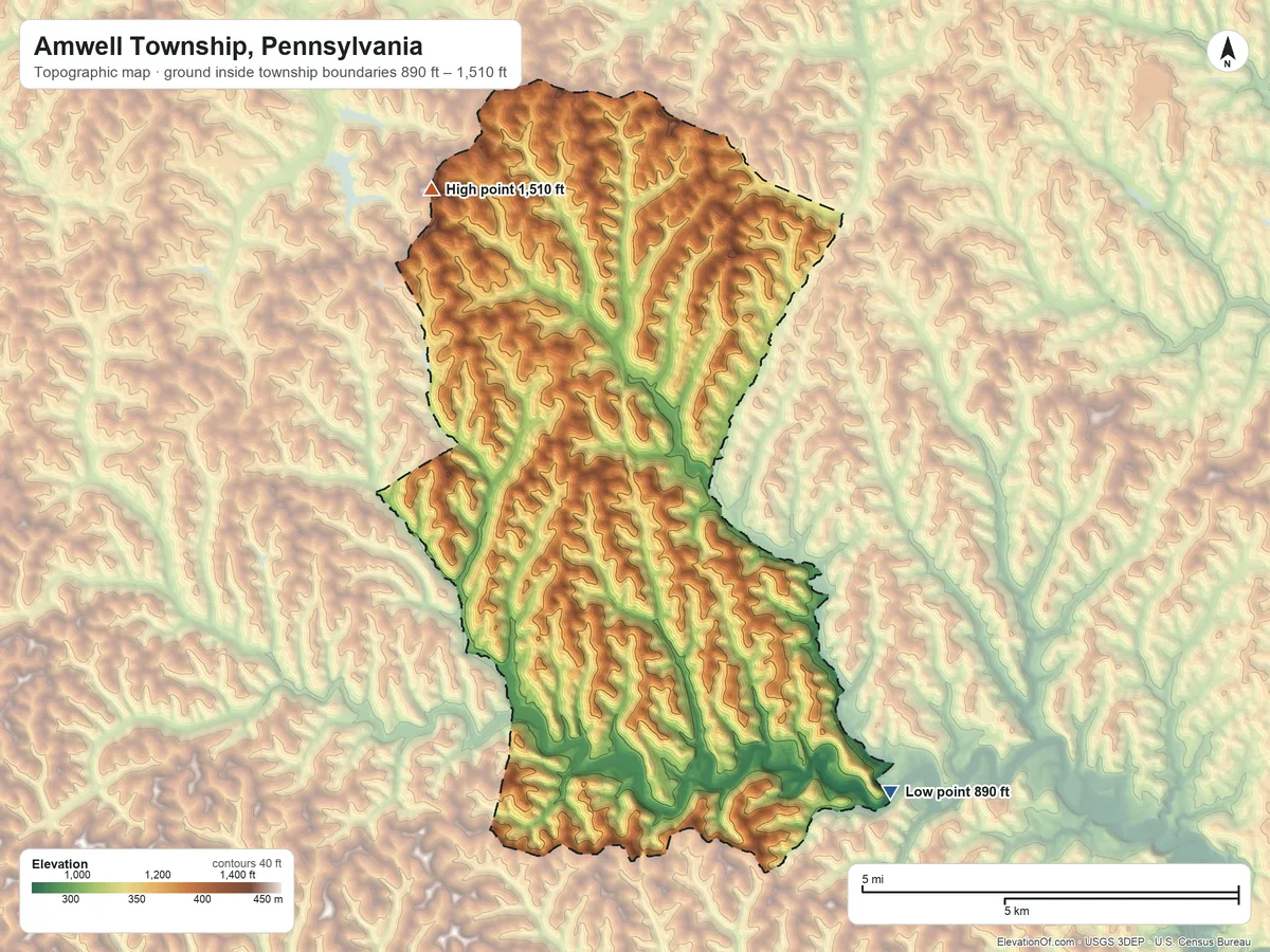 Topographic elevation map of Amwell Township, Pennsylvania, shaded from 890 ft on the southeast side to 1,510 ft on Mount Wheeler