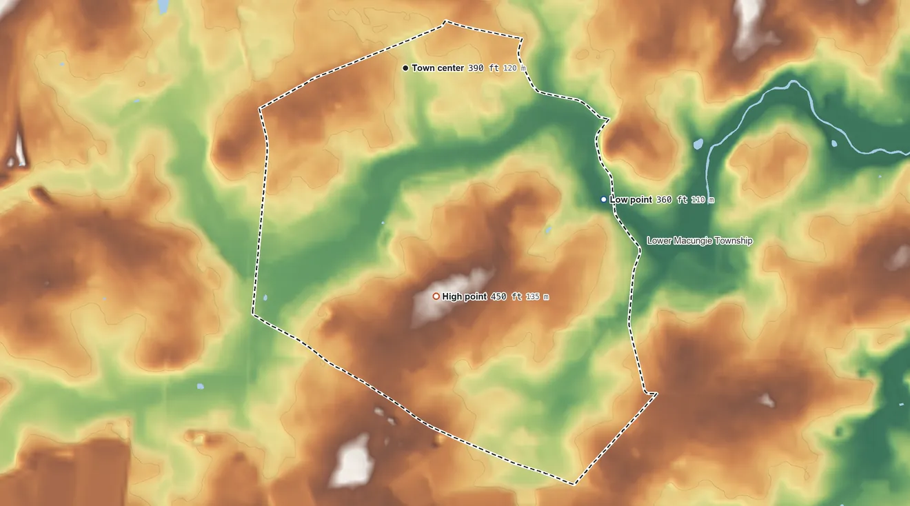 Topographic elevation map of Ancient Oaks, Pennsylvania, shaded from 360 ft on the southeast side to 450 ft on the south side