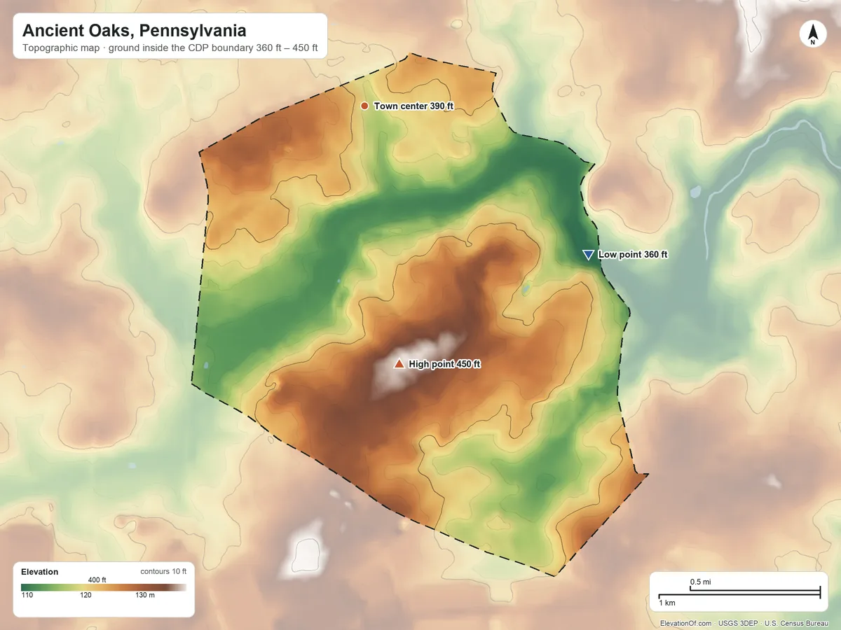 Topographic elevation map of Ancient Oaks, Pennsylvania, shaded from 360 ft on the southeast side to 450 ft on the south side