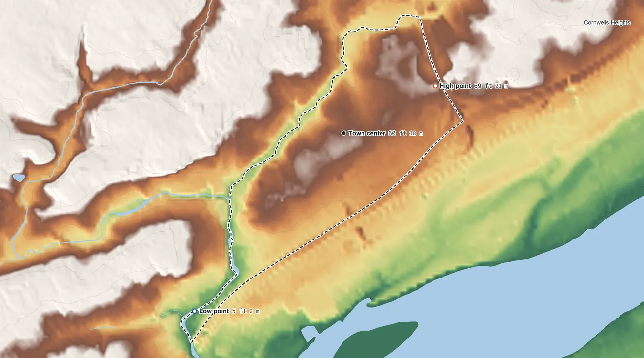 Topographic elevation map of Andalusia, Pennsylvania, shaded from 5 ft on the southwest side to 69 ft on the northeast side