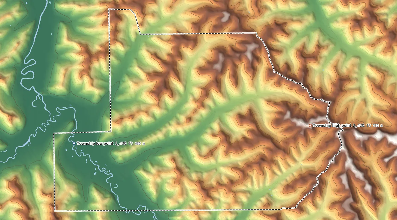 Topographic elevation map of Annin Township, Pennsylvania, shaded from 1,430 ft on the west side to 2,420 ft on the east side