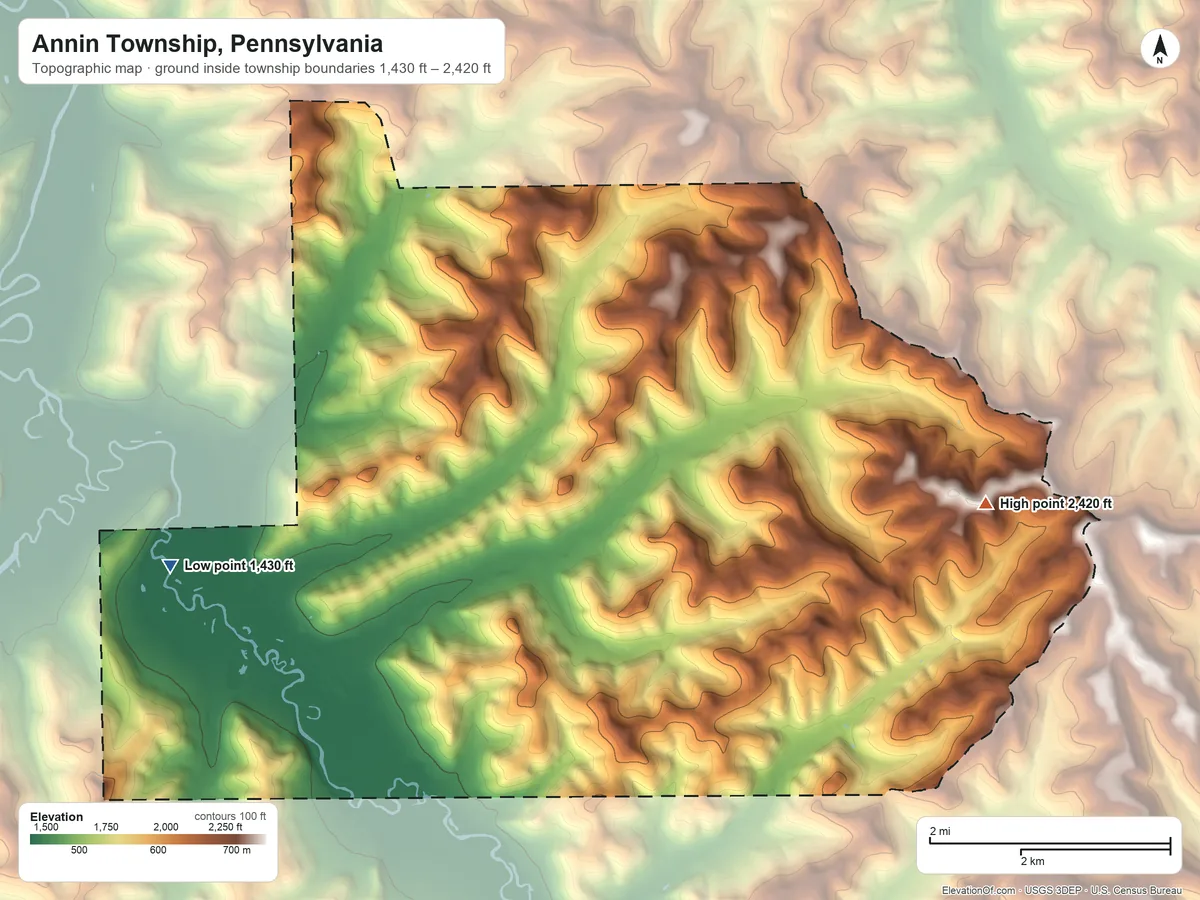 Topographic elevation map of Annin Township, Pennsylvania, shaded from 1,430 ft on the west side to 2,420 ft on the east side
