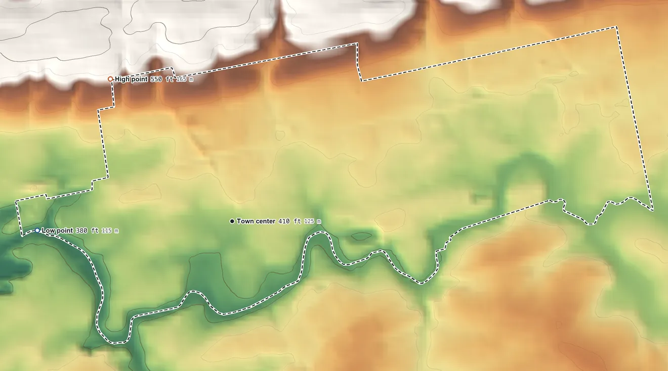 Topographic elevation map of Annville, Pennsylvania, shaded from 380 ft on the west side to 550 ft on the northwest side