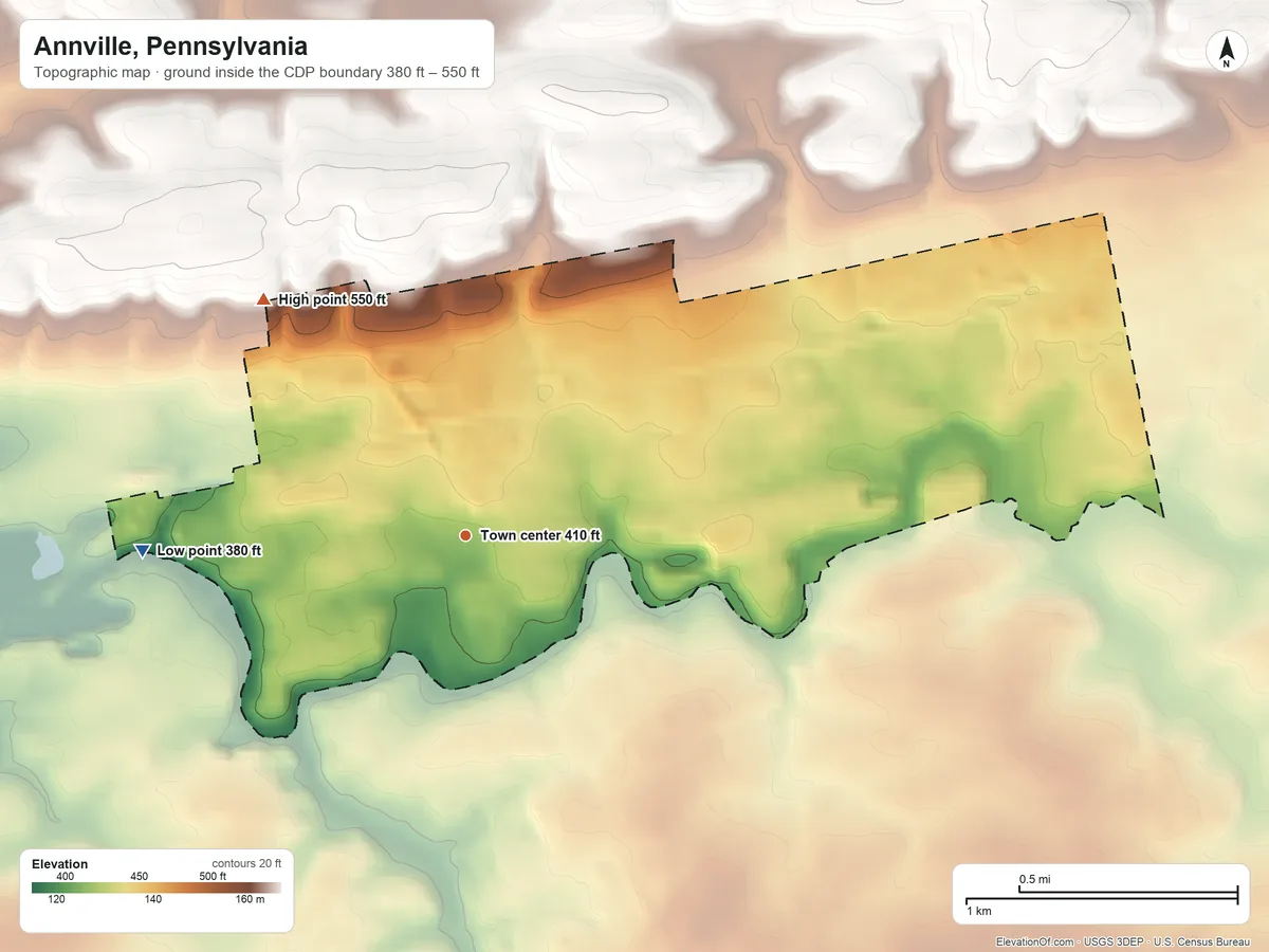 Topographic elevation map of Annville, Pennsylvania, shaded from 380 ft on the west side to 550 ft on the northwest side