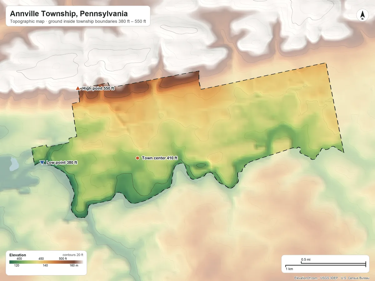 Topographic elevation map of Annville Township, Pennsylvania, shaded from 380 ft on the west side to 550 ft on the northwest side