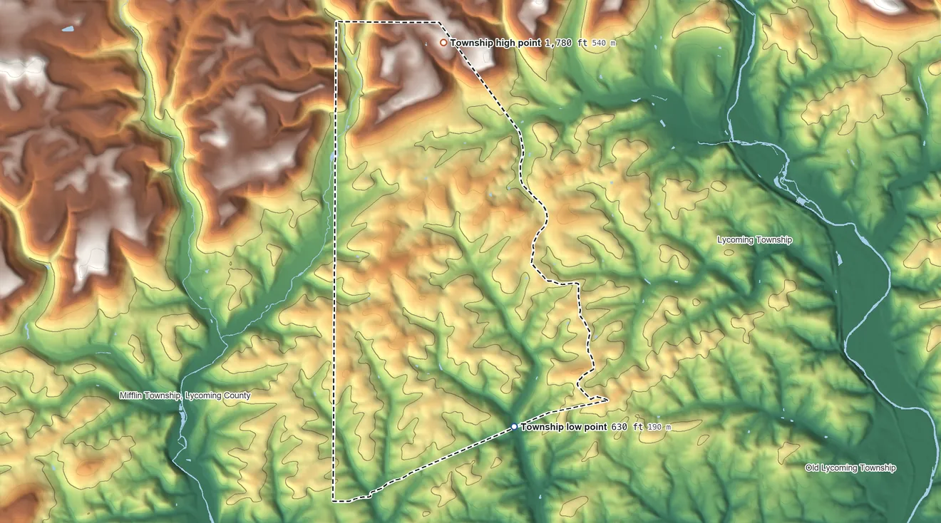 Topographic elevation map of Anthony Township, Lycoming County, Pennsylvania, shaded from 630 ft on the southeast side to 1,780 ft on the north side
