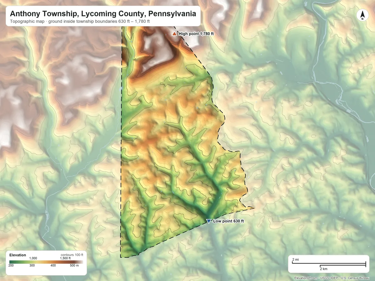 Topographic elevation map of Anthony Township, Lycoming County, Pennsylvania, shaded from 630 ft on the southeast side to 1,780 ft on the north side