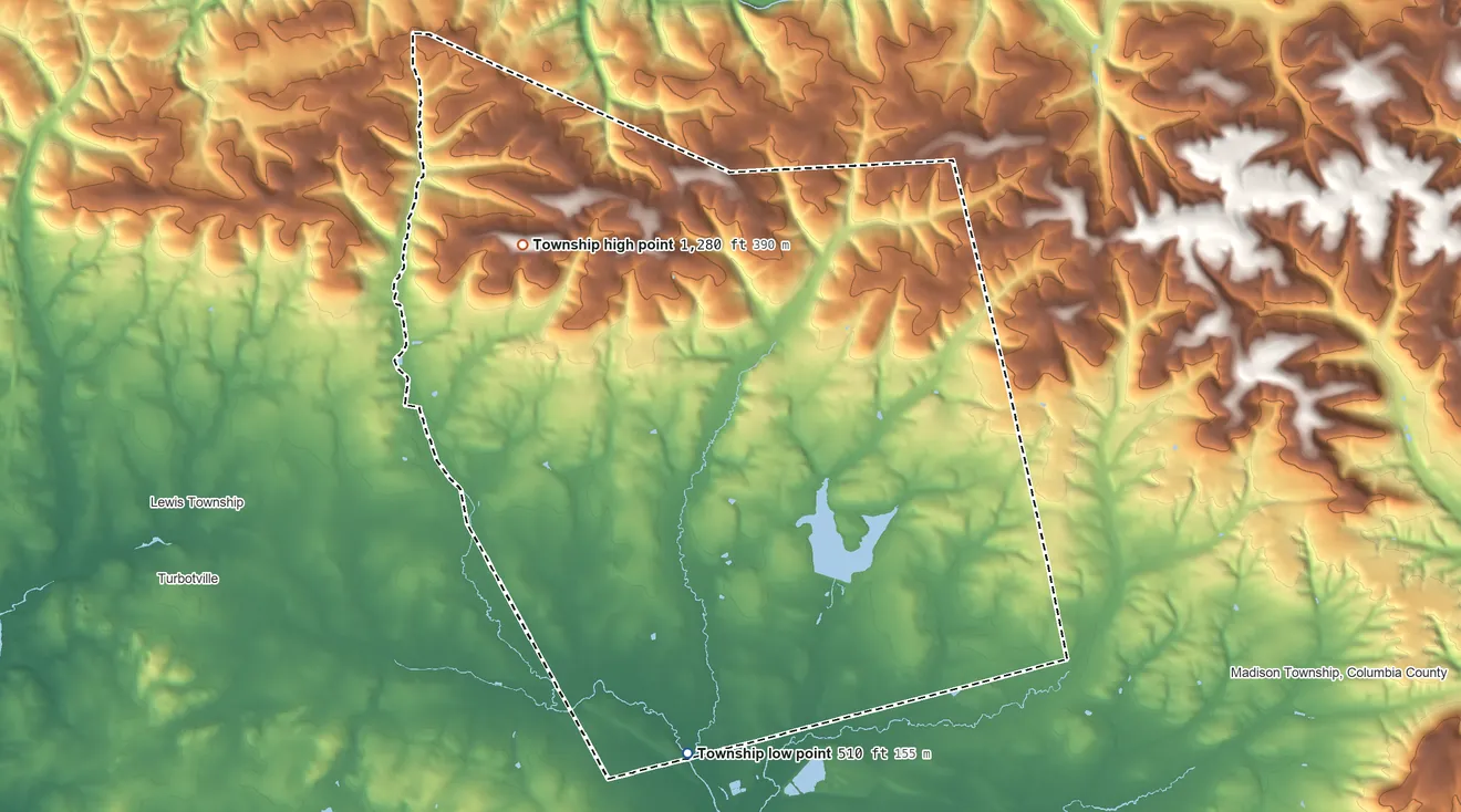 Topographic elevation map of Anthony Township, Pennsylvania, shaded from 510 ft on the south side to 1,280 ft on the northwest side