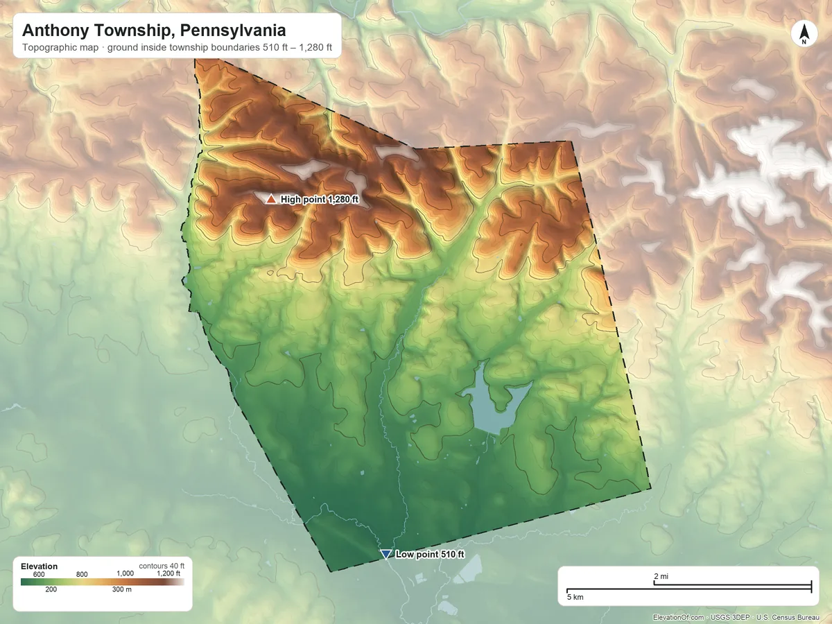 Topographic elevation map of Anthony Township, Pennsylvania, shaded from 510 ft on the south side to 1,280 ft on the northwest side
