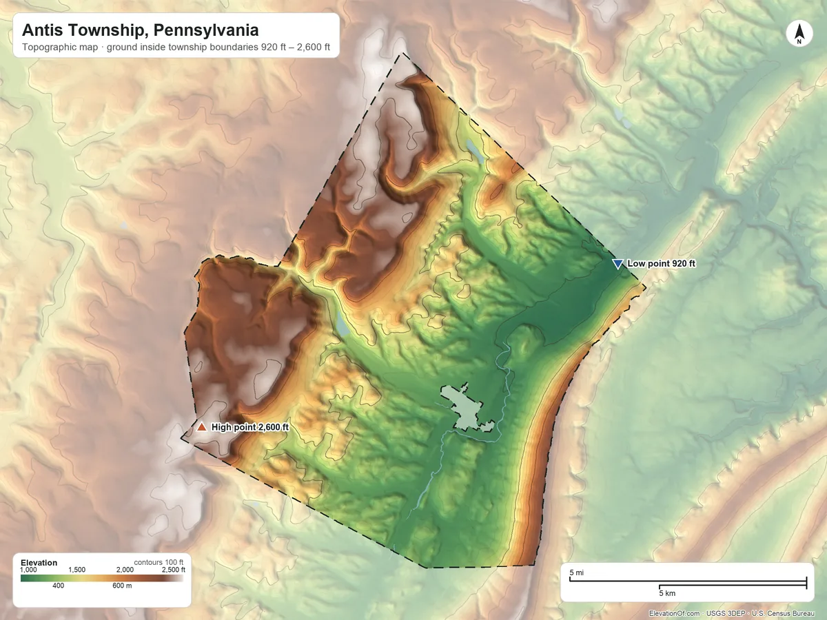 Topographic elevation map of Antis Township, Pennsylvania, shaded from 920 ft on the northeast side to 2,600 ft on the west side