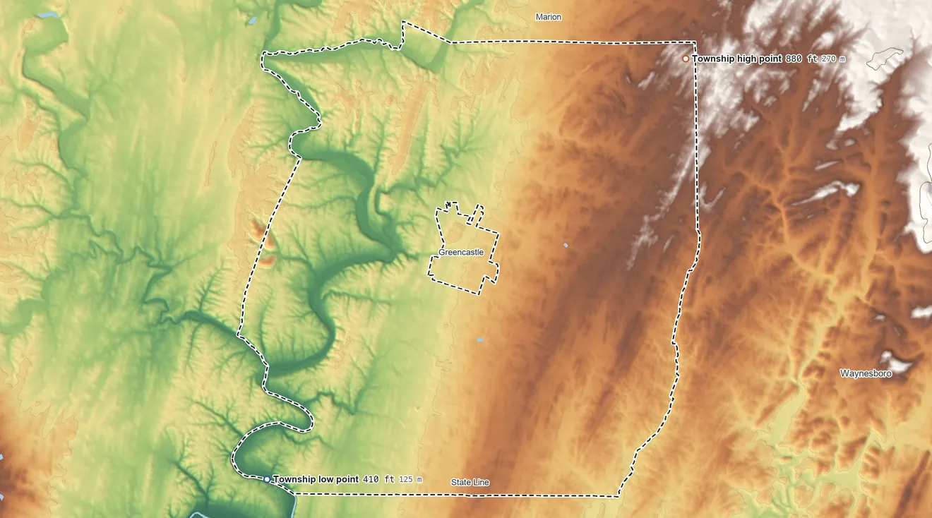 Topographic elevation map of Antrim Township, Pennsylvania, shaded from 410 ft on the southwest side to 880 ft on the northeast side