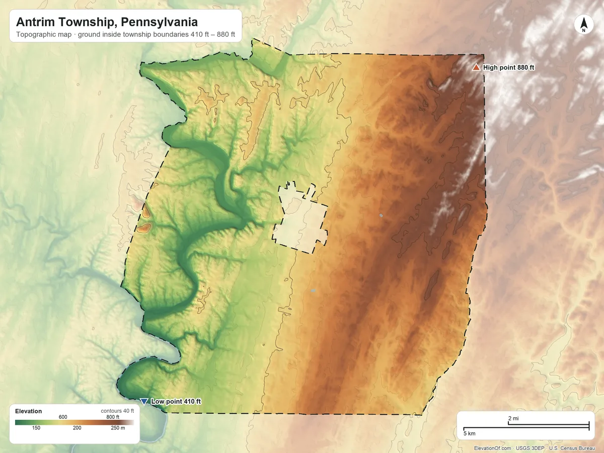 Topographic elevation map of Antrim Township, Pennsylvania, shaded from 410 ft on the southwest side to 880 ft on the northeast side