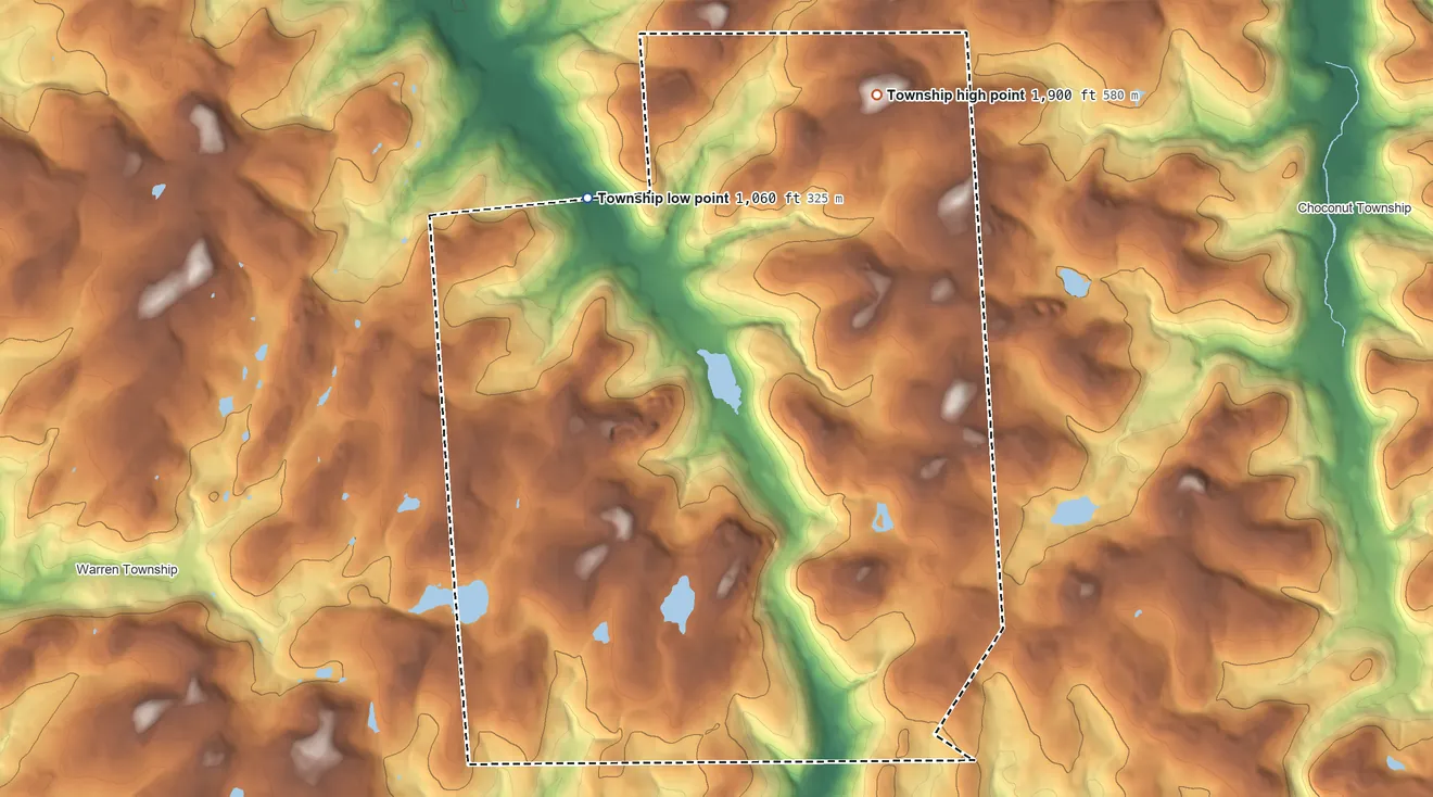 Topographic elevation map of Apolacon Township, Pennsylvania, shaded from 1,060 ft on the northwest side to 1,900 ft on Cork Hill