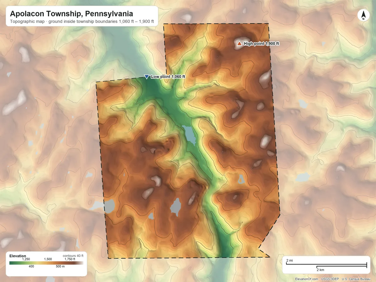 Topographic elevation map of Apolacon Township, Pennsylvania, shaded from 1,060 ft on the northwest side to 1,900 ft on Cork Hill