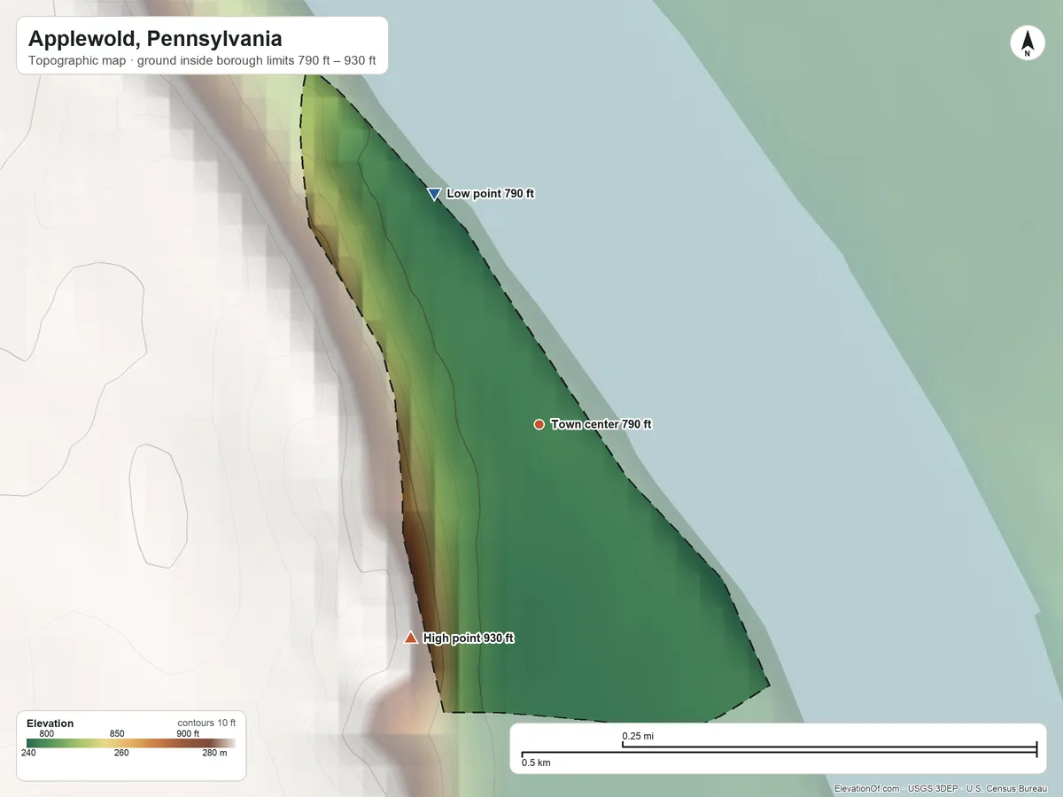 Topographic elevation map of Applewold, Pennsylvania, shaded from 790 ft on the northwest side to 930 ft on the southwest edge, below higher ground just outside