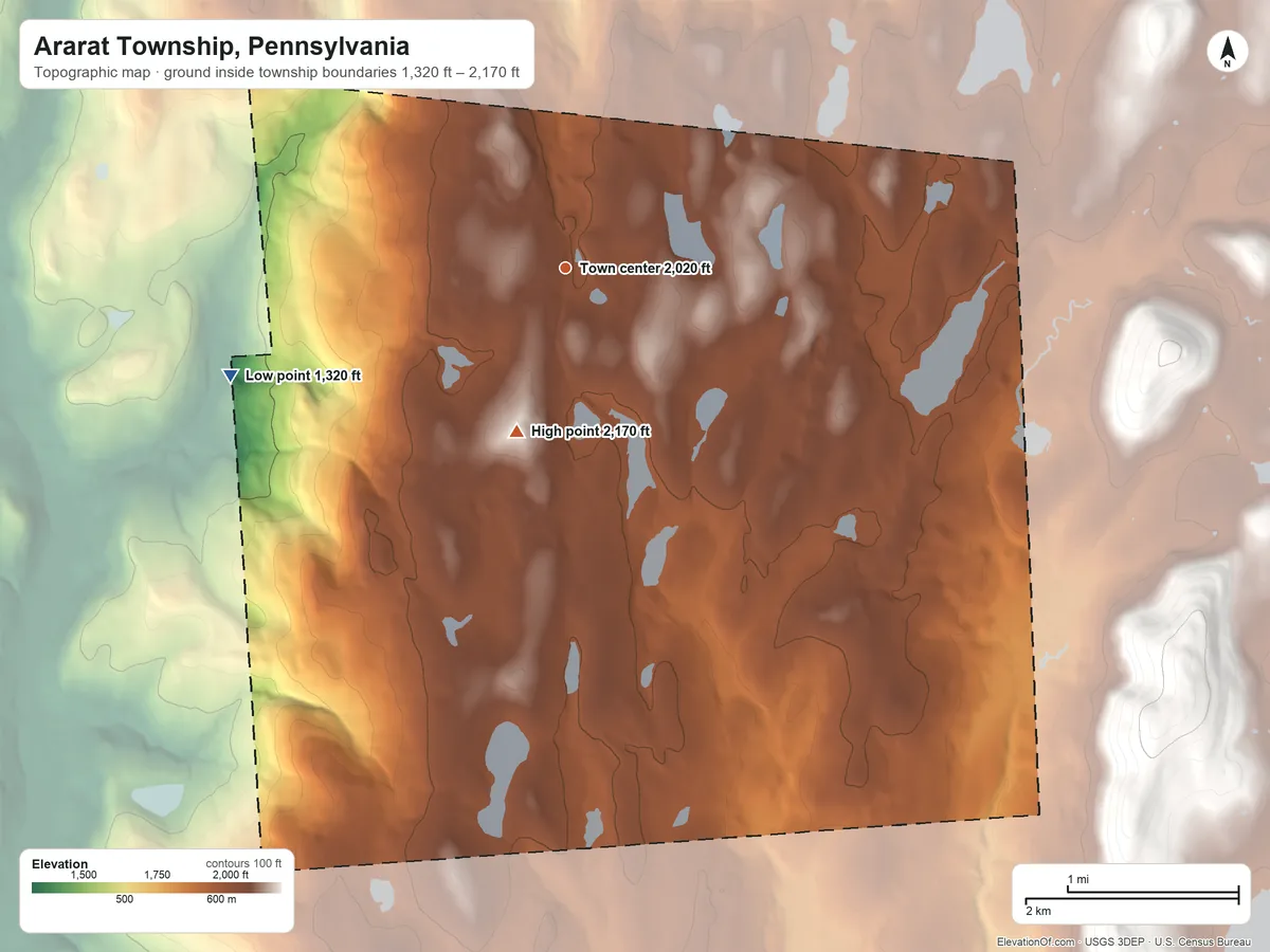 Topographic elevation map of Ararat Township, Pennsylvania, shaded from 1,320 ft on the west side to 2,170 ft on the south side