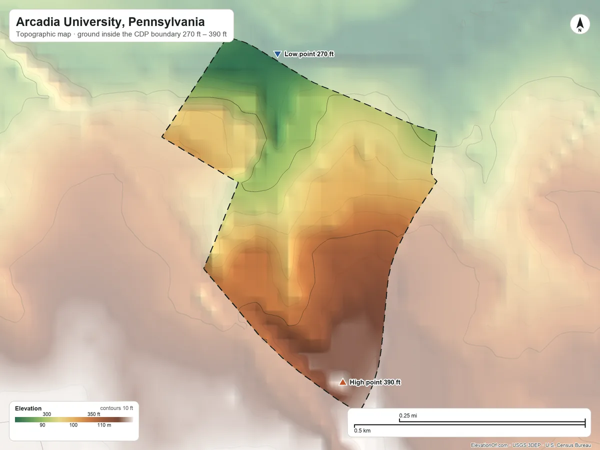 Topographic elevation map of Arcadia University, Pennsylvania, shaded from 270 ft on the north side to 390 ft on the south side