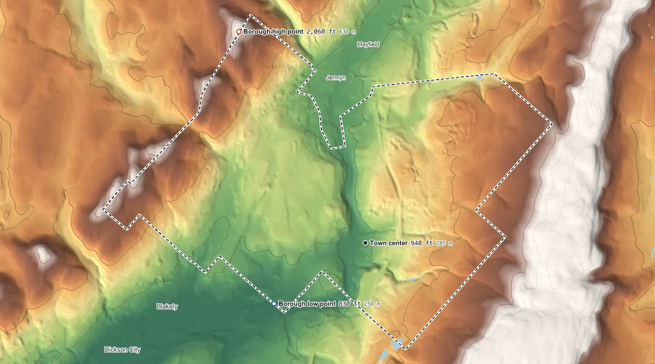 Topographic elevation map of Archbald, Pennsylvania, shaded from 830 ft on the southwest side to 2,060 ft on the northwest edge, below higher ground just outside