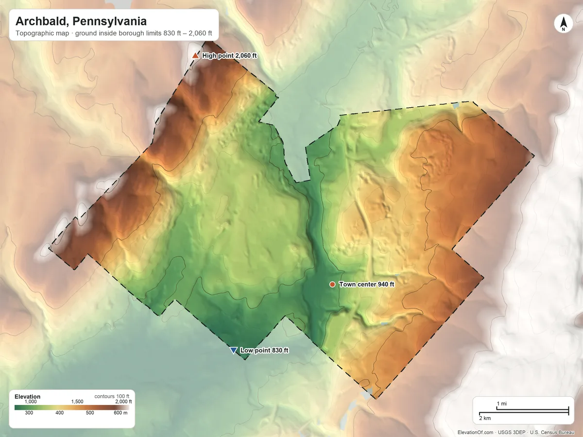 Topographic elevation map of Archbald, Pennsylvania, shaded from 830 ft on the southwest side to 2,060 ft on the northwest edge, below higher ground just outside