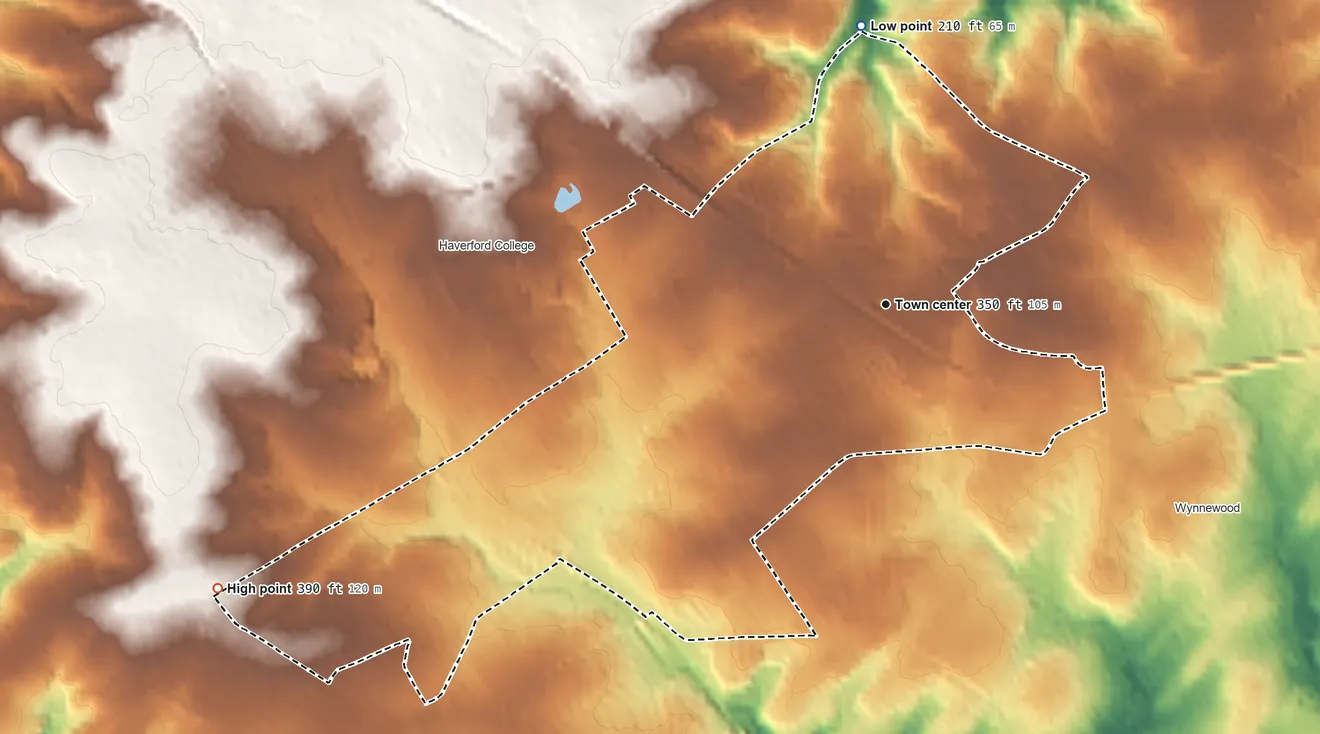 Topographic elevation map of Ardmore, Pennsylvania, shaded from 210 ft on the north side to 390 ft on the southwest side