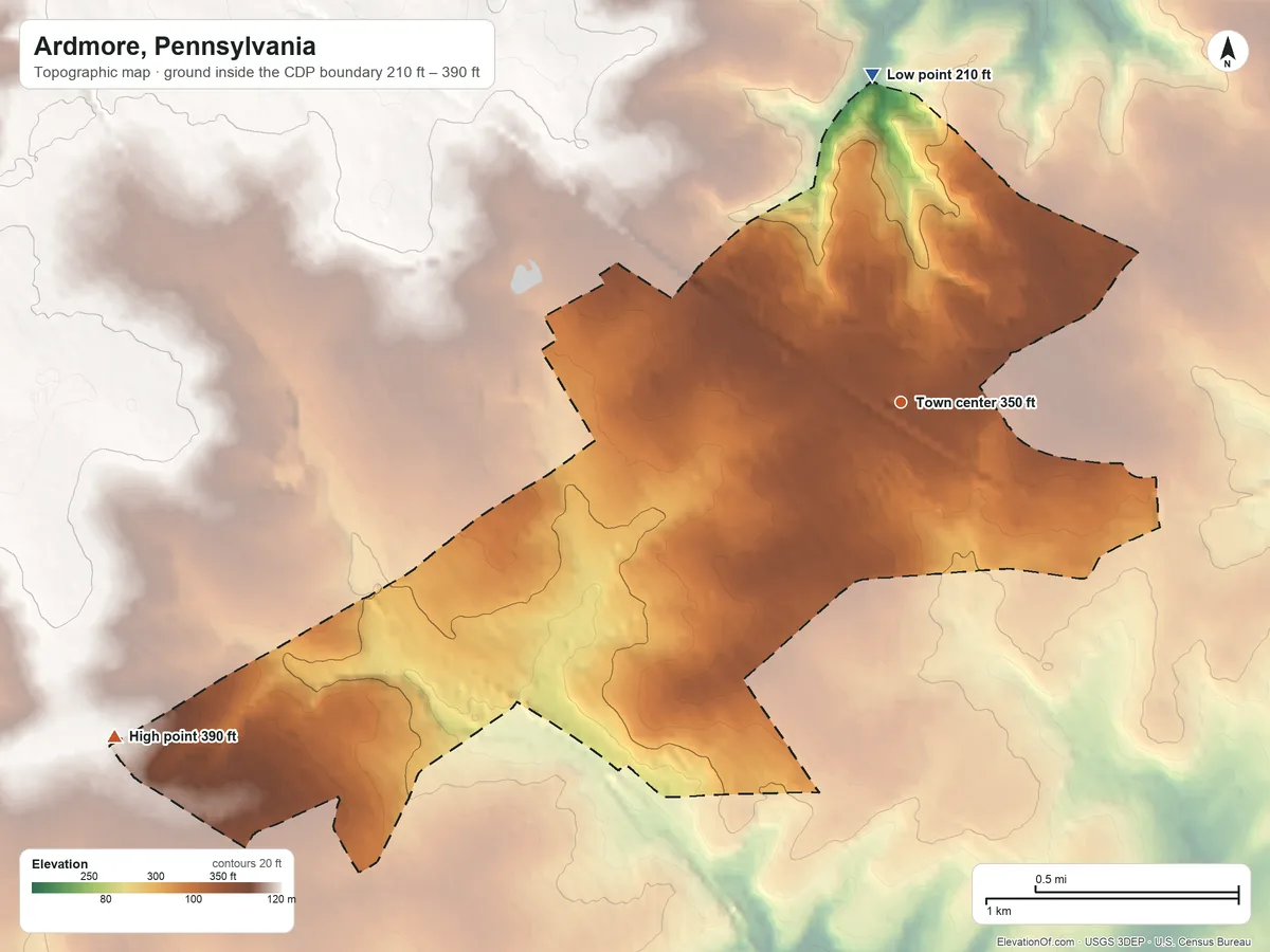 Topographic elevation map of Ardmore, Pennsylvania, shaded from 210 ft on the north side to 390 ft on the southwest side