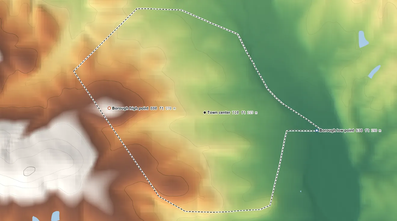 Topographic elevation map of Arendtsville, Pennsylvania, shaded from 630 ft on the east side to 880 ft at the foot of the South Mountain