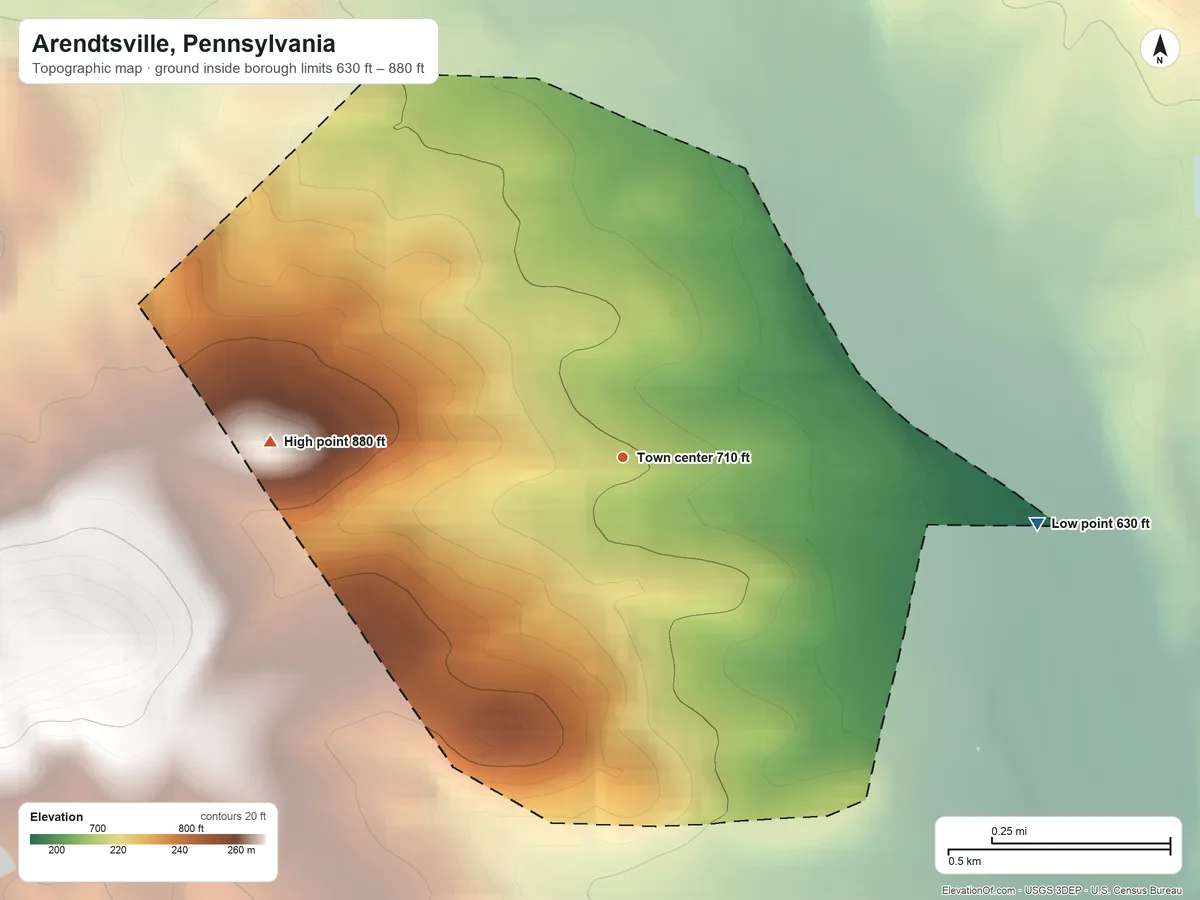 Topographic elevation map of Arendtsville, Pennsylvania, shaded from 630 ft on the east side to 880 ft at the foot of the South Mountain