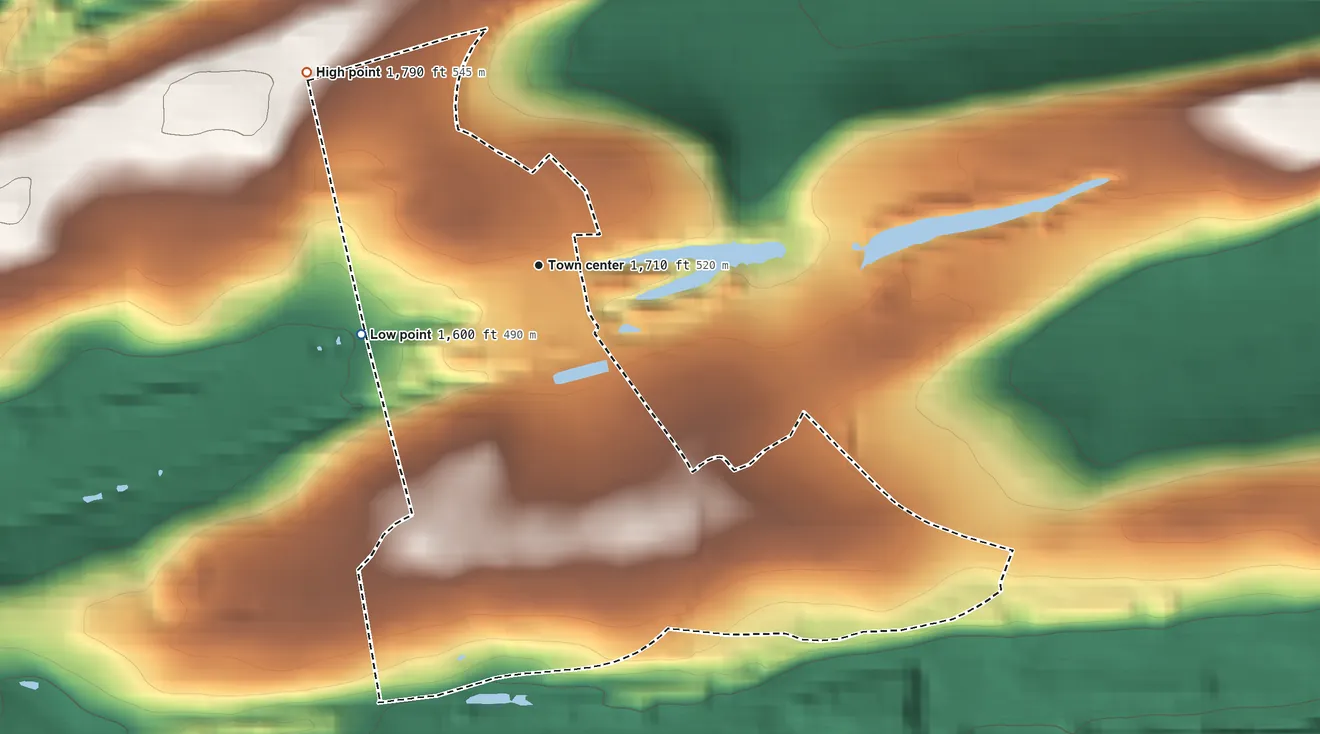 Topographic elevation map of Aristes, Pennsylvania, shaded from 1,600 ft on the west side to 1,790 ft on the northwest side