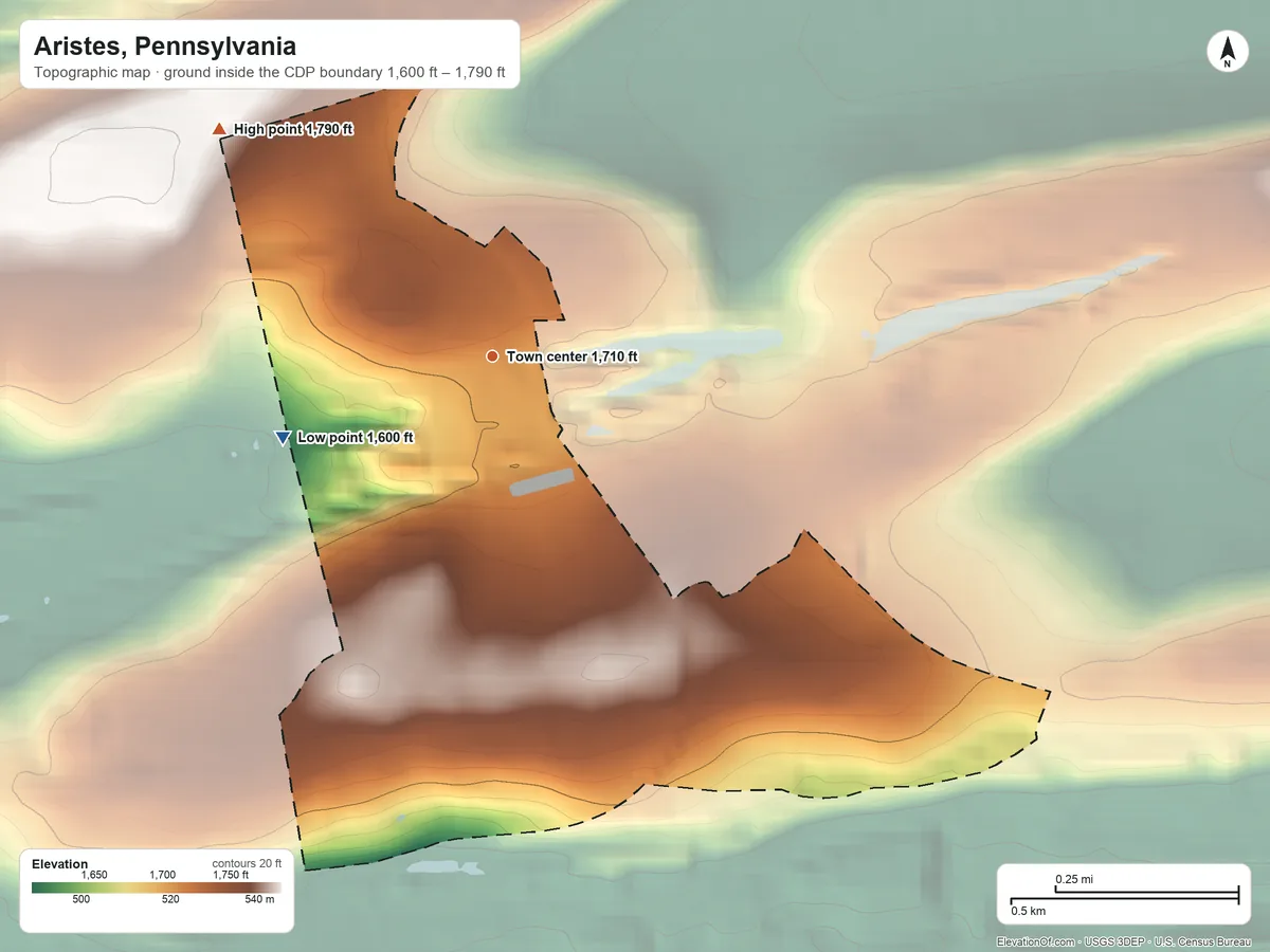 Topographic elevation map of Aristes, Pennsylvania, shaded from 1,600 ft on the west side to 1,790 ft on the northwest side