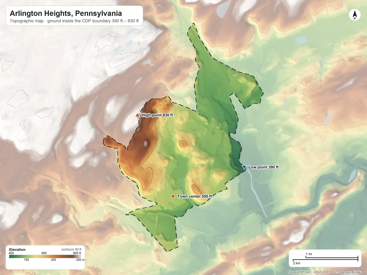 Topographic elevation map of Arlington Heights, Pennsylvania, shaded from 390 ft on the east side to 830 ft on the northwest side