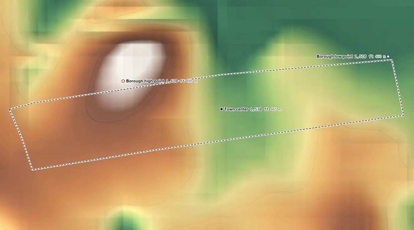 Topographic elevation map of Armagh, Pennsylvania, shaded from 1,510 ft on the east side to 1,620 ft on the west side