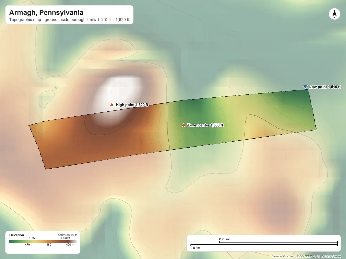 Topographic elevation map of Armagh, Pennsylvania, shaded from 1,510 ft on the east side to 1,620 ft on the west side
