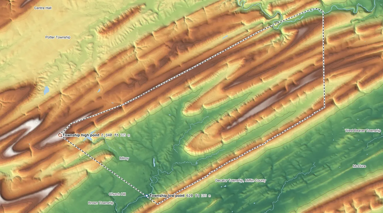 Topographic elevation map of Armagh Township, Pennsylvania, shaded from 620 ft on the south side to 2,340 ft on Broad Mountain