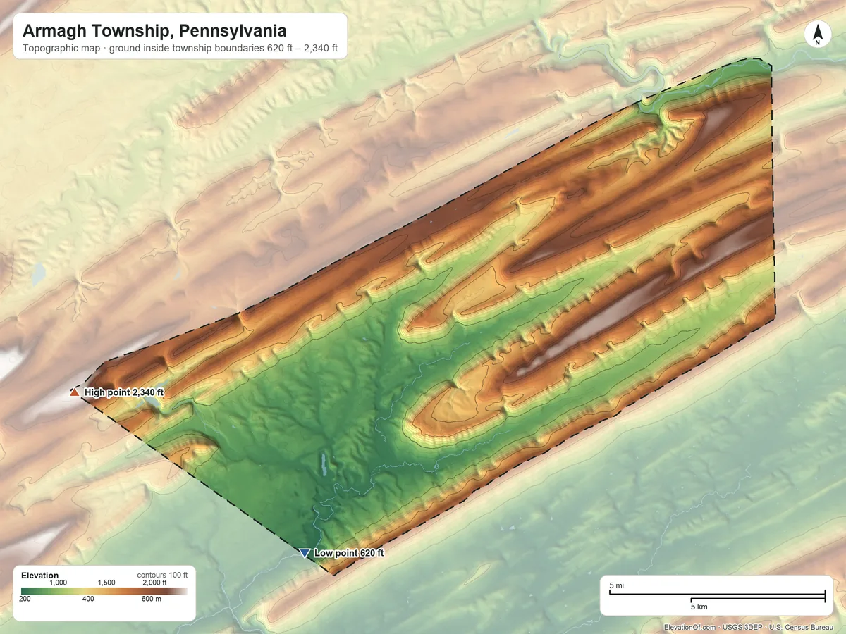 Topographic elevation map of Armagh Township, Pennsylvania, shaded from 620 ft on the south side to 2,340 ft on Broad Mountain
