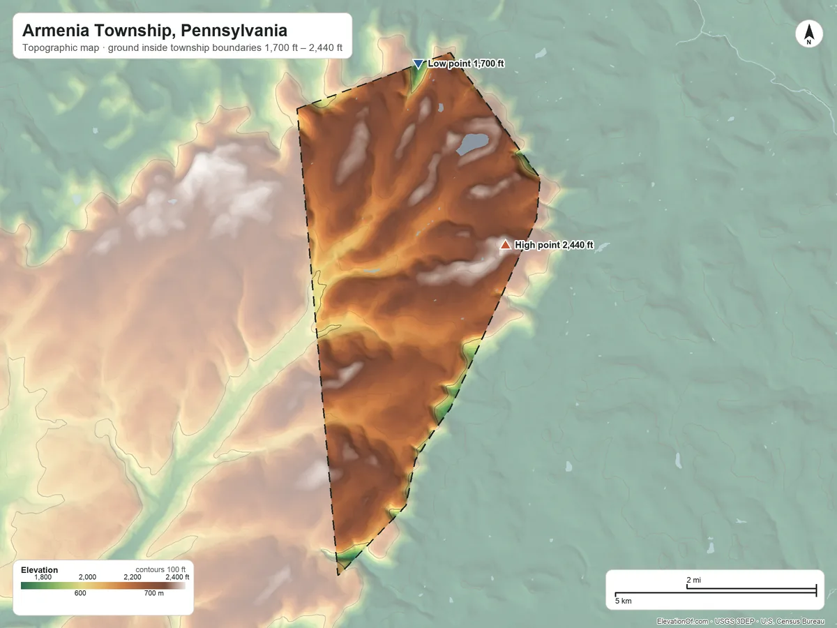 Topographic elevation map of Armenia Township, Pennsylvania, shaded from 1,700 ft on the north side to 2,440 ft on Armenia Mountain