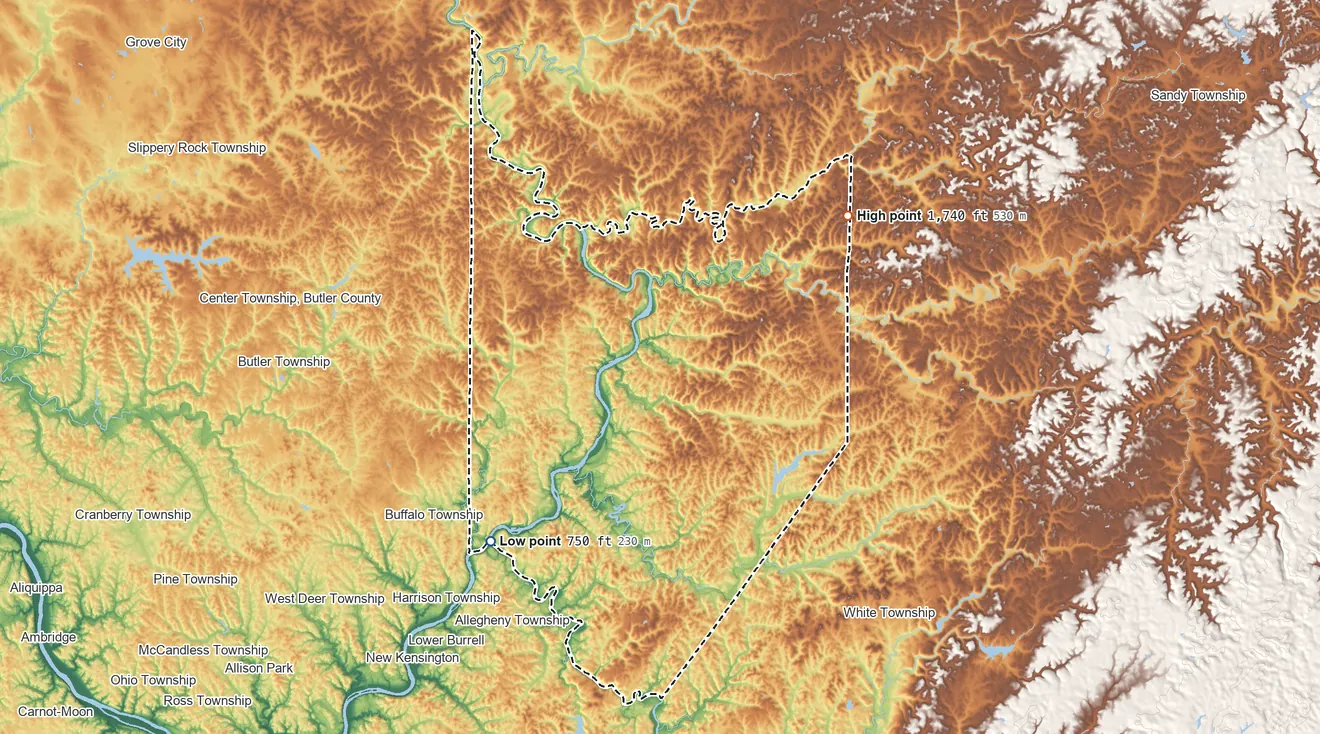 Topographic elevation map of Armstrong County, Pennsylvania, shaded from 750 ft on the southwest side to 1,740 ft on the northeast side