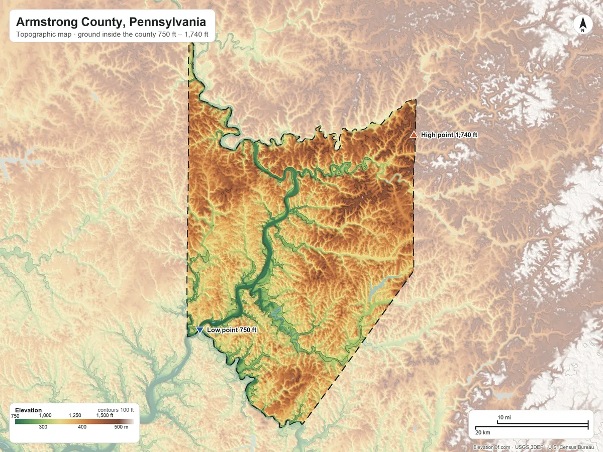 Topographic elevation map of Armstrong County, Pennsylvania, shaded from 750 ft on the southwest side to 1,740 ft on the northeast side