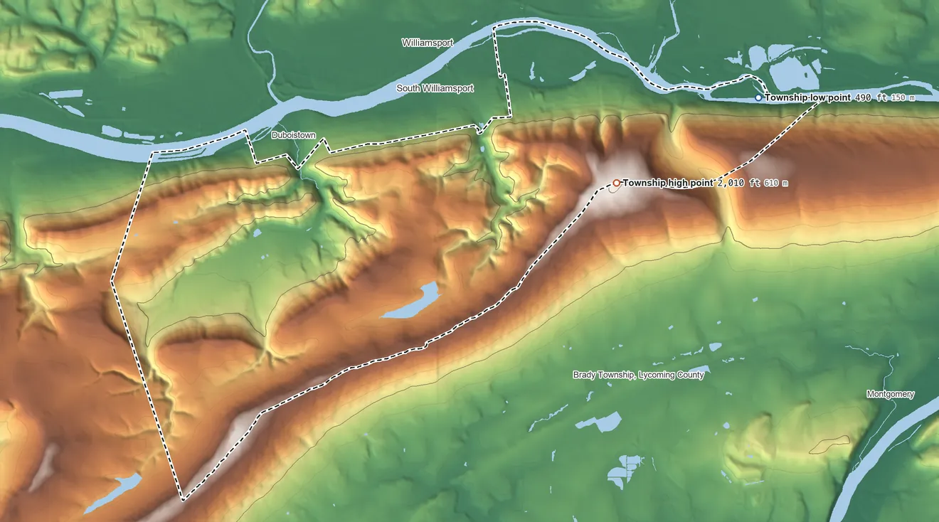 Topographic elevation map of Armstrong Township, Lycoming County, Pennsylvania, shaded from 490 ft on the northeast side to 2,010 ft near the middle