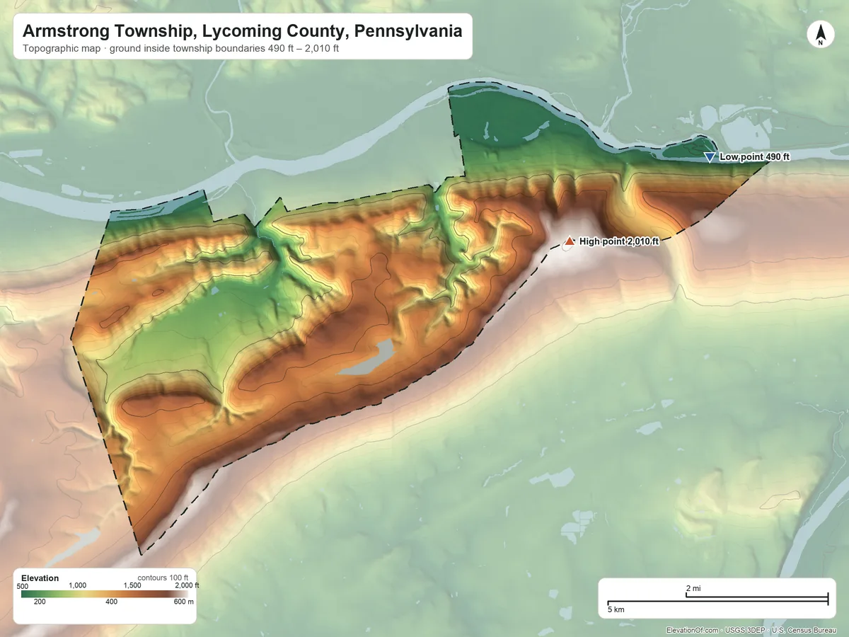 Topographic elevation map of Armstrong Township, Lycoming County, Pennsylvania, shaded from 490 ft on the northeast side to 2,010 ft near the middle