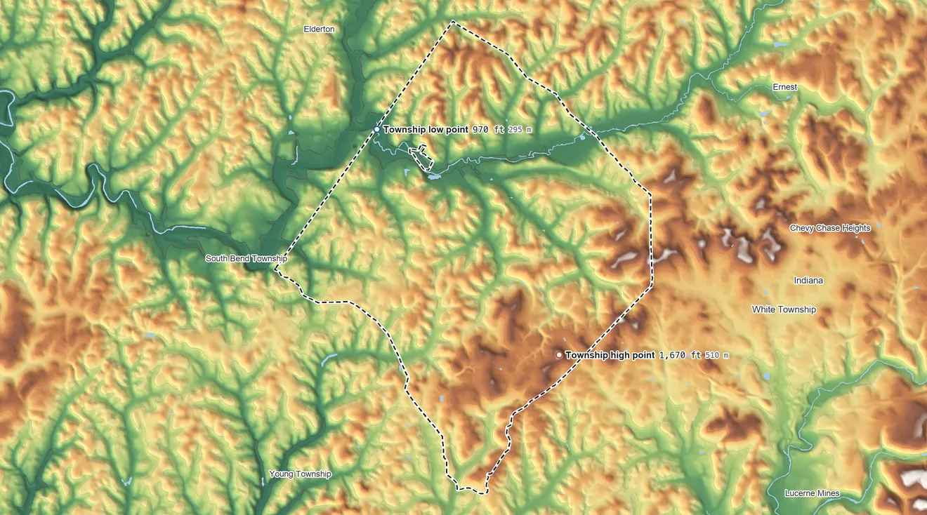 Topographic elevation map of Armstrong Township, Pennsylvania, shaded from 970 ft on the northwest side to 1,670 ft on the south side