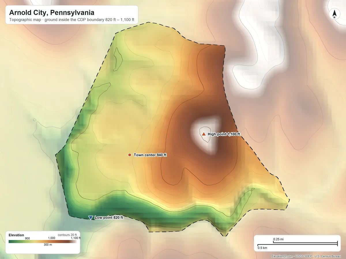 Topographic elevation map of Arnold City, Pennsylvania, shaded from 820 ft on the southwest side to 1,100 ft on the east side