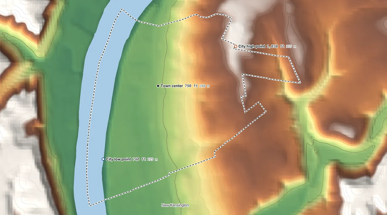 Topographic elevation map of Arnold, Pennsylvania, shaded from 740 ft on the southwest side to 1,030 ft on the northeast side
