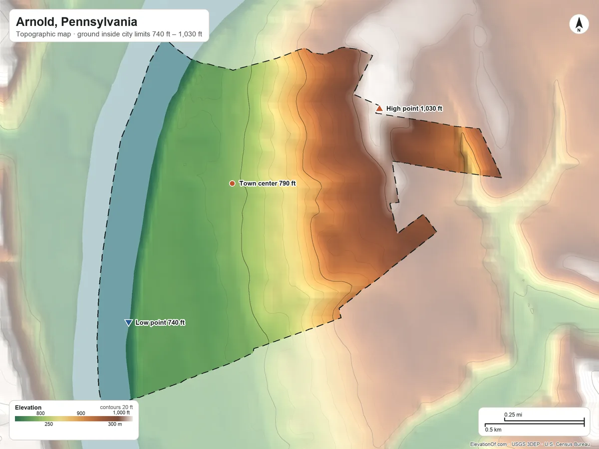 Topographic elevation map of Arnold, Pennsylvania, shaded from 740 ft on the southwest side to 1,030 ft on the northeast side